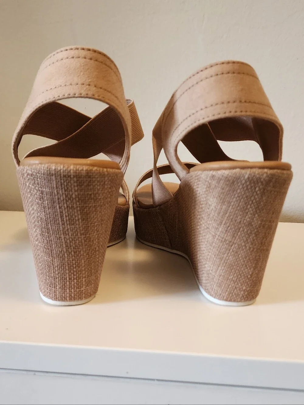 Ophelia Roe Tan Faux Suede & Elastic Strappy Platform Wedge Sandals Size 7